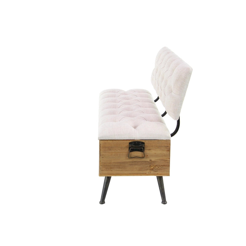Panca contenitore in legno con seduta e schienale trapuntati color crema, bianca - 20W x 48L x 30H