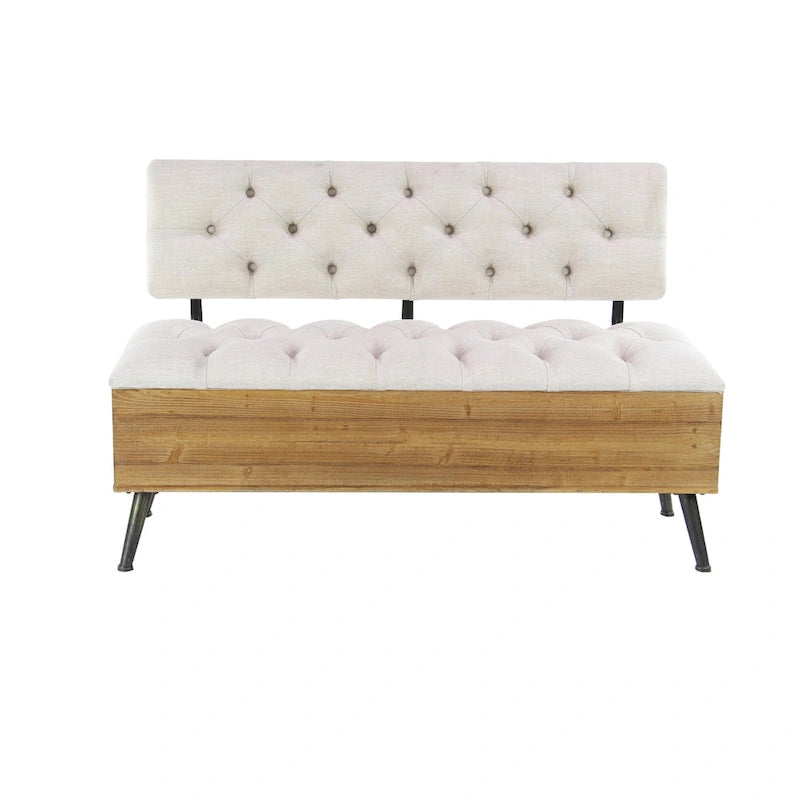 Panca contenitore in legno con seduta e schienale trapuntati color crema, bianca - 20W x 48L x 30H