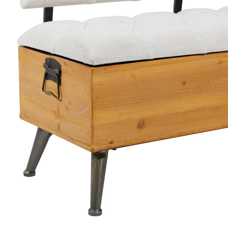 Panca contenitore in legno con seduta e schienale trapuntati color crema, bianca - 20W x 48L x 30H