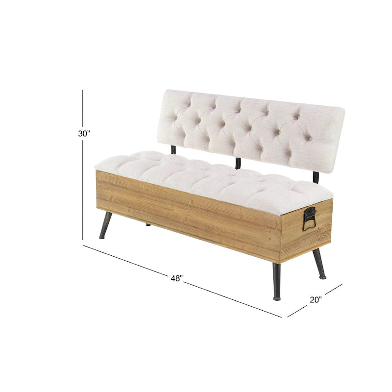 Panca contenitore in legno con seduta e schienale trapuntati color crema, bianca - 20W x 48L x 30H