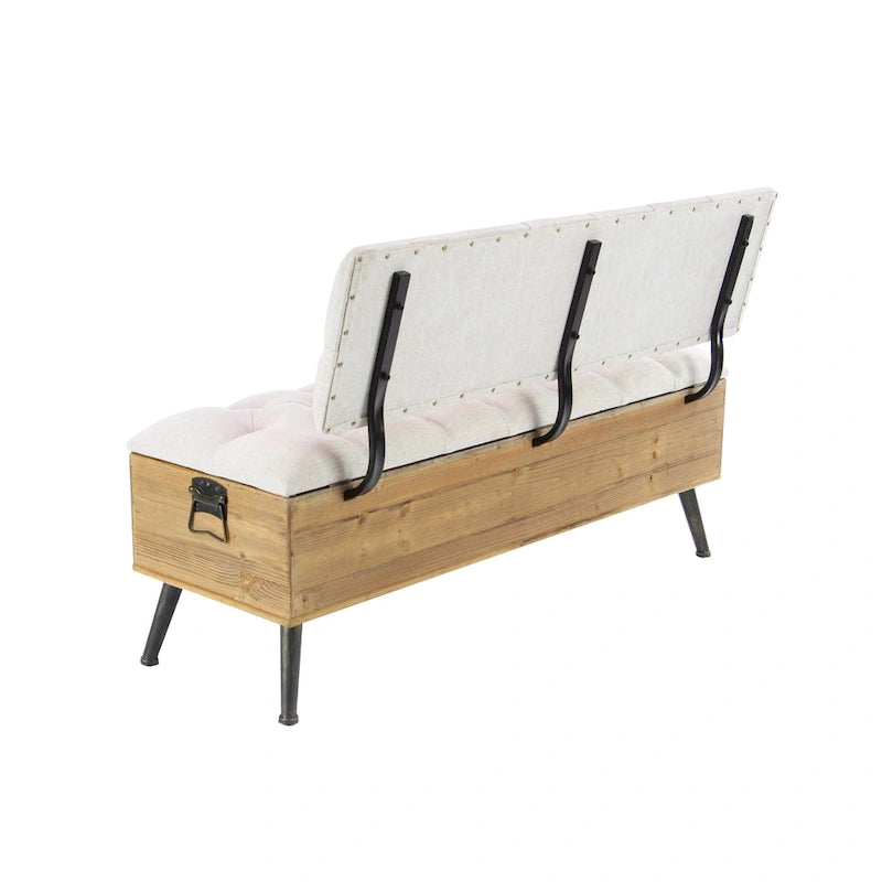 Panca contenitore in legno con seduta e schienale trapuntati color crema, bianca - 20W x 48L x 30H