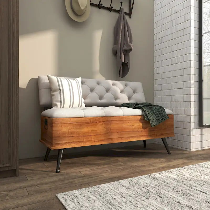 Panca contenitore in legno con seduta e schienale trapuntati color crema, bianca - 20W x 48L x 30H