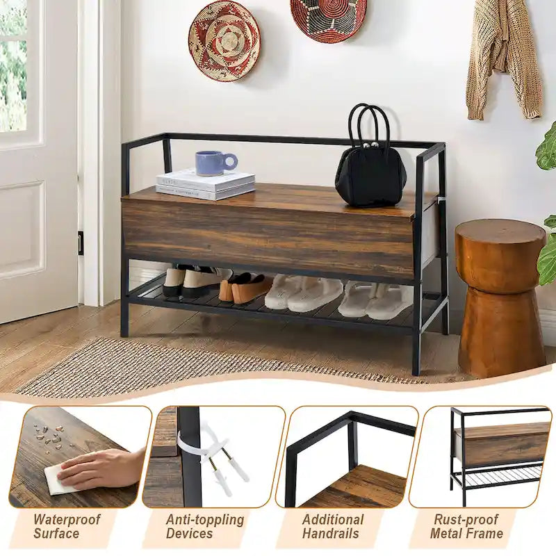 Industrial Shoe Bench Rack Organizer with Gas Lift and Hidden Storage Box