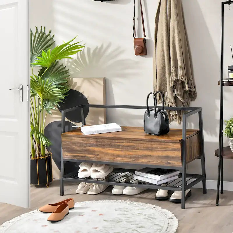 Industrial Shoe Bench Rack Organizer with Gas Lift and Hidden Storage Box