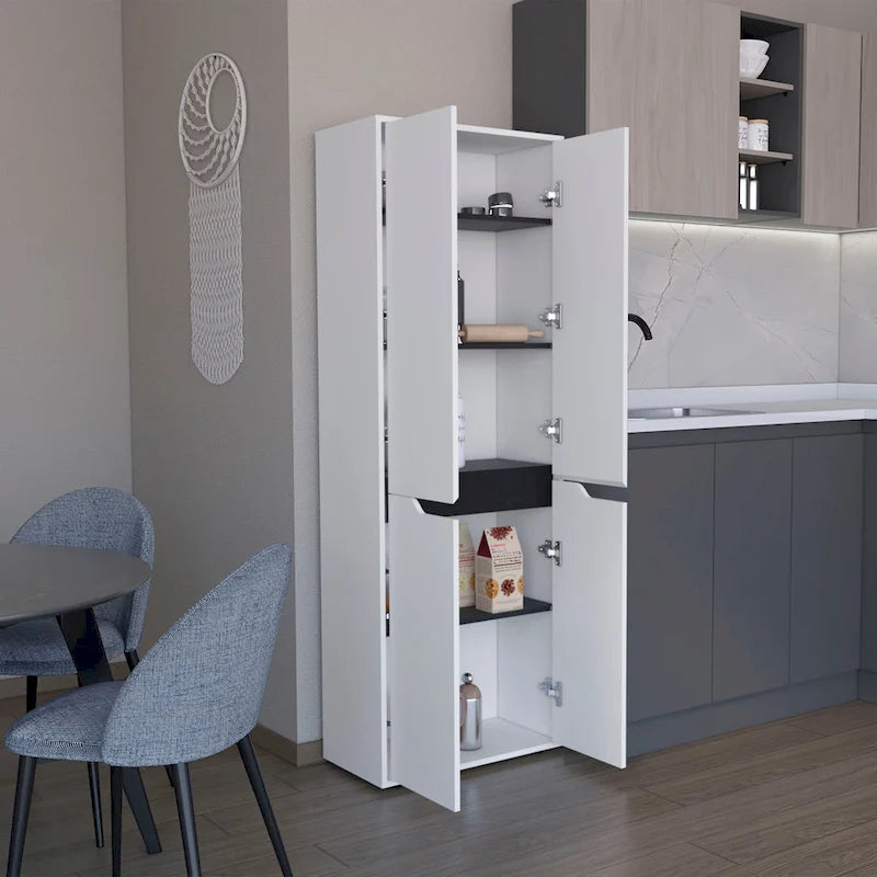 White Kitchen Pantry Storage Cabinet with Black Accents