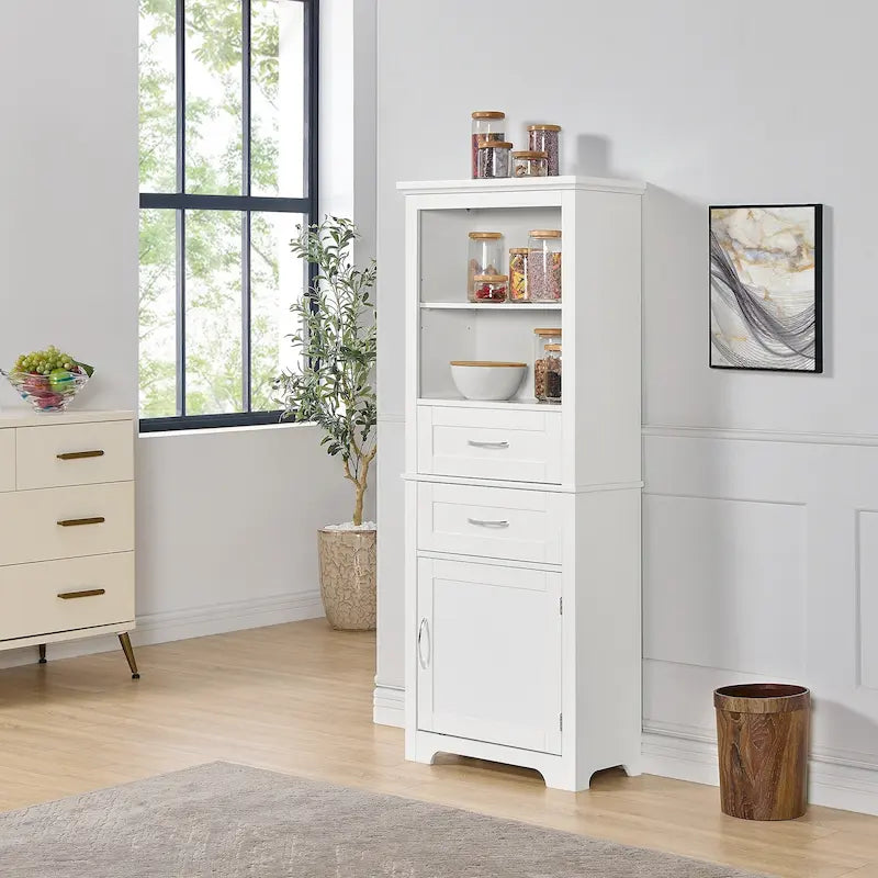 Tall Bathroom Storage Cabinet with Doors and Open Shelves
