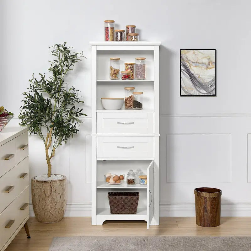Meuble de rangement de salle de bains haut avec portes et étagères ouvertes