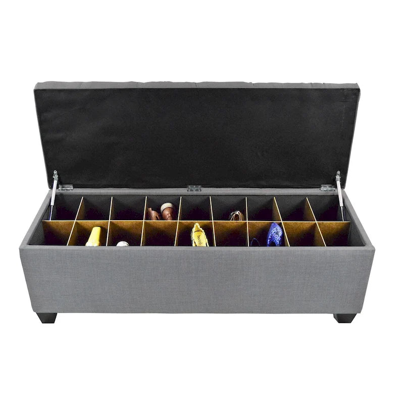 Dark Grey Diamond Tufted Shoe Storage Bench with Compartments