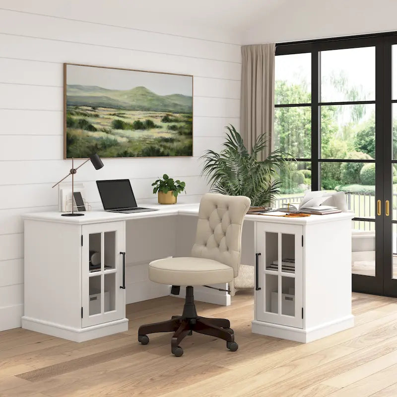 60W L Shaped Desk with Storage and Glass Doors
