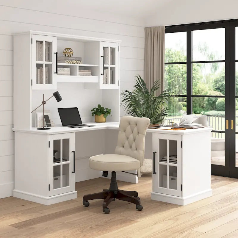 60W L Shaped Desk with Storage and Glass Doors