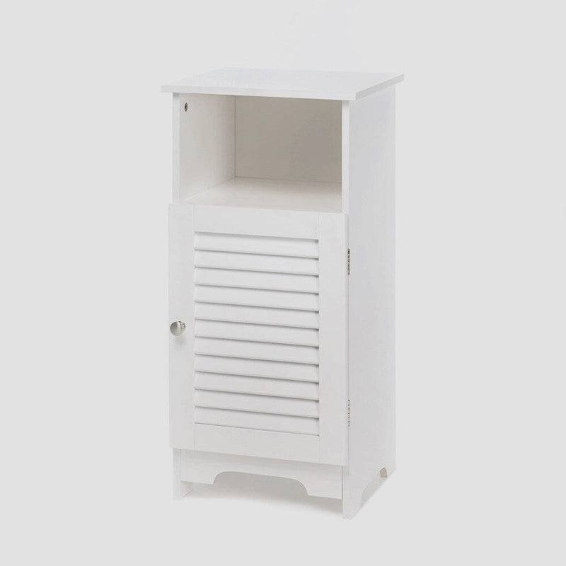 White Louvered Single-Door Storage Cabinet with Open Shelf
