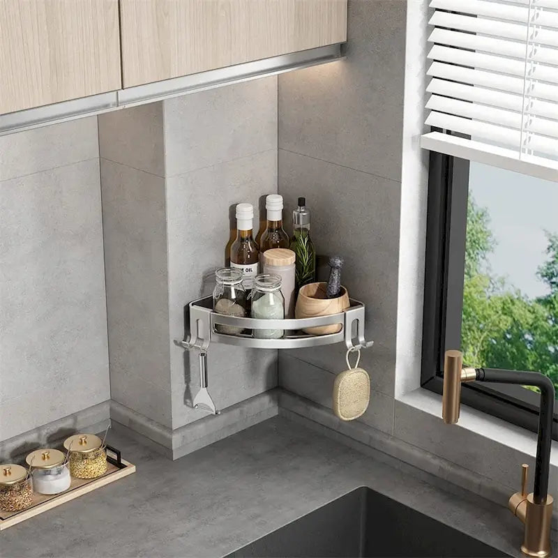 No Drill Shower Corner Shelf, Rustproof Aluminum Bathroom Caddy with Hooks