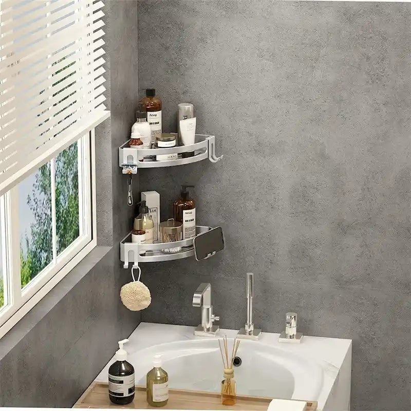 No Drill Shower Corner Shelf, Rustproof Aluminum Bathroom Caddy with Hooks
