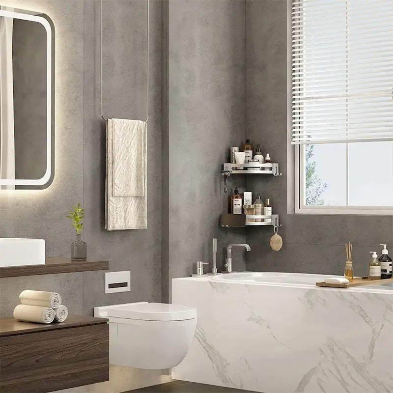 No Drill Shower Corner Shelf, Rustproof Aluminum Bathroom Caddy with Hooks