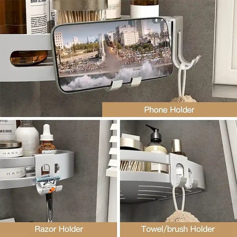 No Drill Shower Corner Shelf, Rustproof Aluminum Bathroom Caddy with Hooks