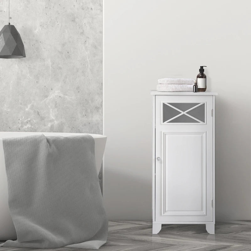 White Freestanding Slim Floor Cabinet, Glass Cross-Molding Door, 13L x 15W x 32H