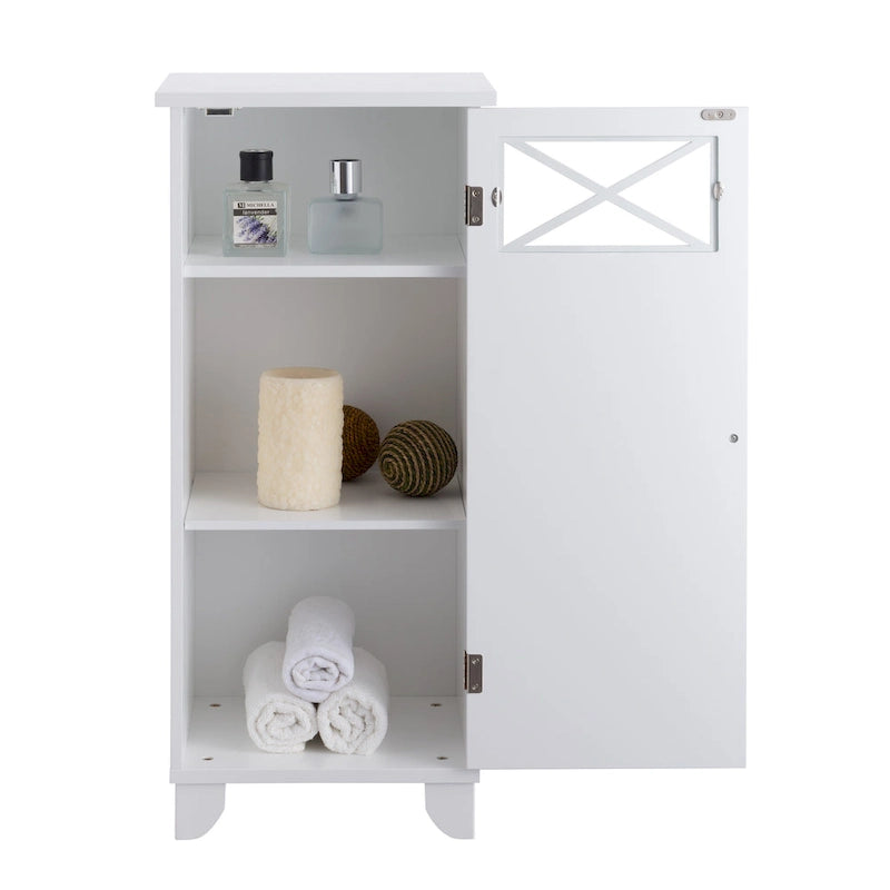 White Freestanding Slim Floor Cabinet, Glass Cross-Molding Door, 13L x 15W x 32H