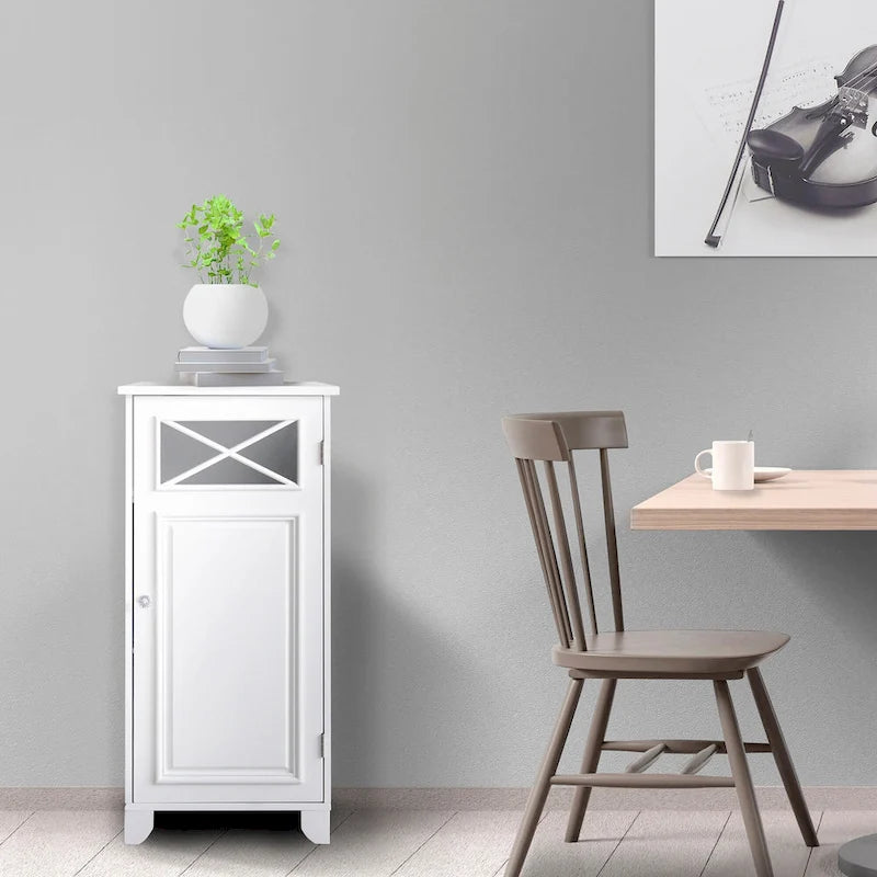 Witte vrijstaande smalle vloerkast, glazen deur met kruisroeden, 13L x 15W x 32H