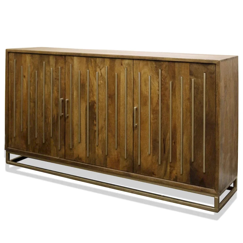 Three Door Sideboard with Mango Wood and Metal, Walnut Finish