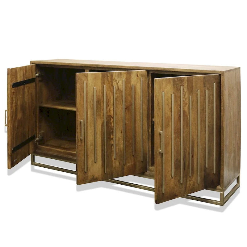 Three Door Sideboard with Mango Wood and Metal, Walnut Finish