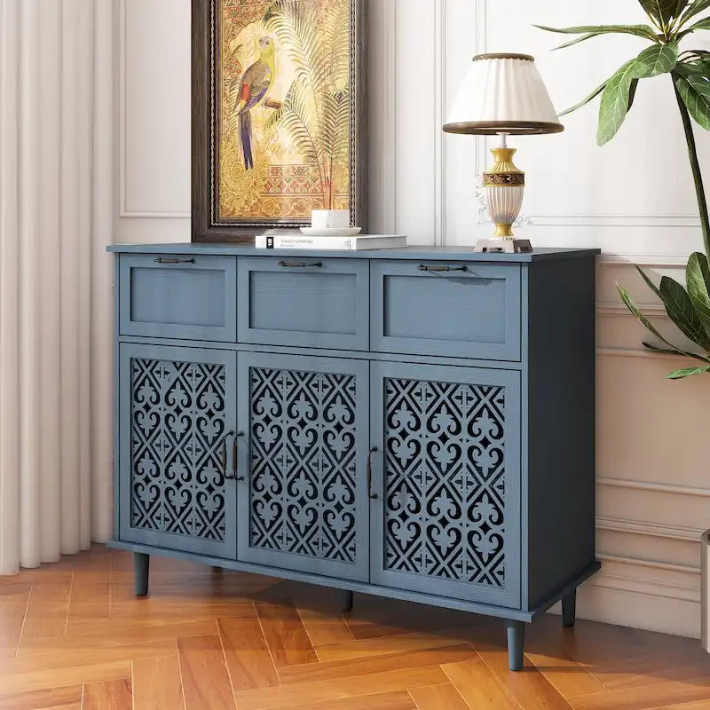 3 Door 3 Drawer Carved Storage Cabinet with Adjustable Shelf and Solid Wood Feet