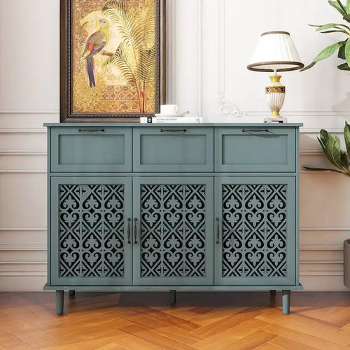 3 Door 3 Drawer Carved Storage Cabinet with Adjustable Shelf and Solid Wood Feet