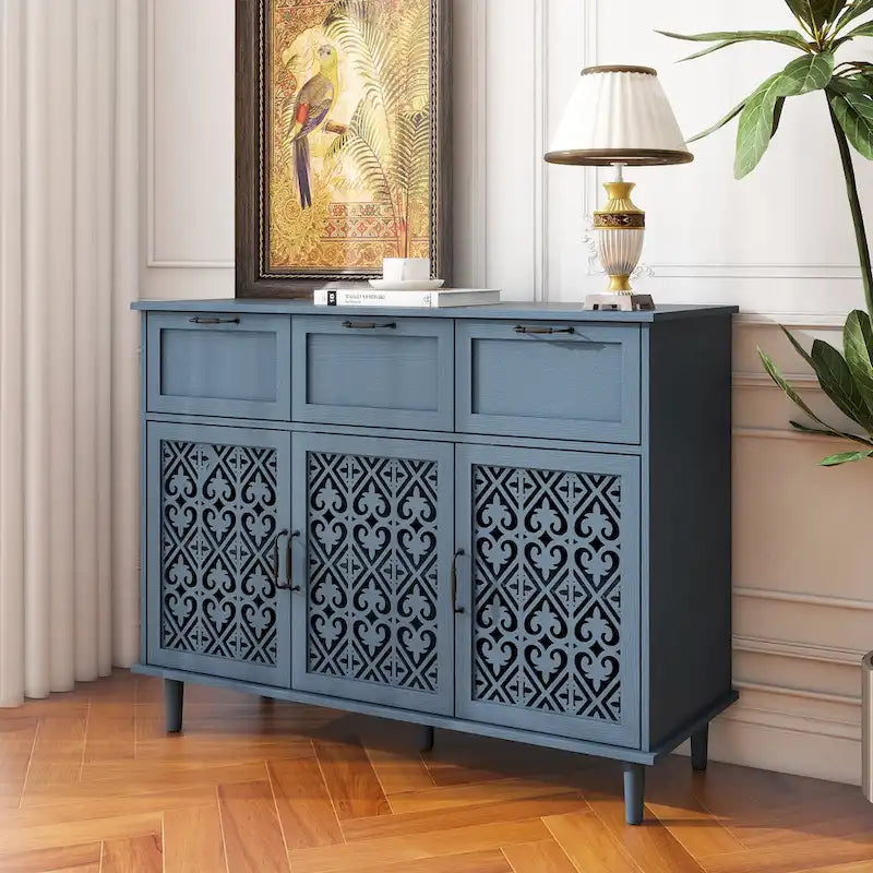 3 Door 3 Drawer Carved Storage Cabinet with Adjustable Shelf and Solid Wood Feet