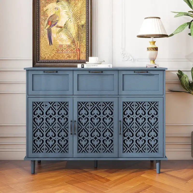3 Door 3 Drawer Carved Storage Cabinet with Adjustable Shelf and Solid Wood Feet
