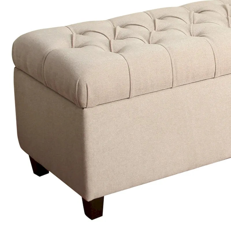 Fabric Upholstered Button Tufted Wooden Bench with Hinged Storage, Cream and Brown