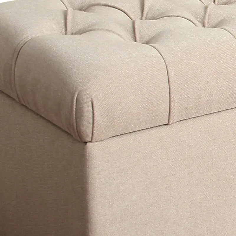 Fabric Upholstered Button Tufted Wooden Bench with Hinged Storage, Cream and Brown