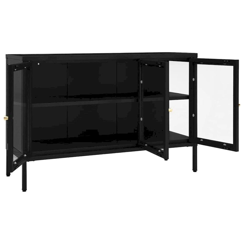 Black Steel and Glass Sideboard Cabinet with Adjustable Shelf