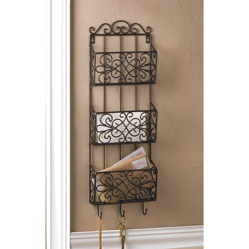 29 Inch Rustic Vintage Triple Wall Rack with Brown Metal Hooks