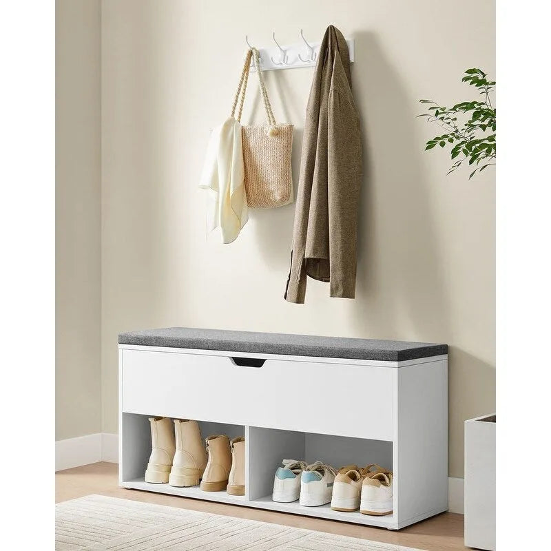 Grijze houten schoenenkastbank voor de hal met gewatteerde zitting, 11.8D x 39.4W x 18.9H