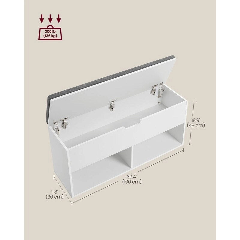 Grijze houten schoenenkastbank voor de hal met gewatteerde zitting, 11.8D x 39.4W x 18.9H