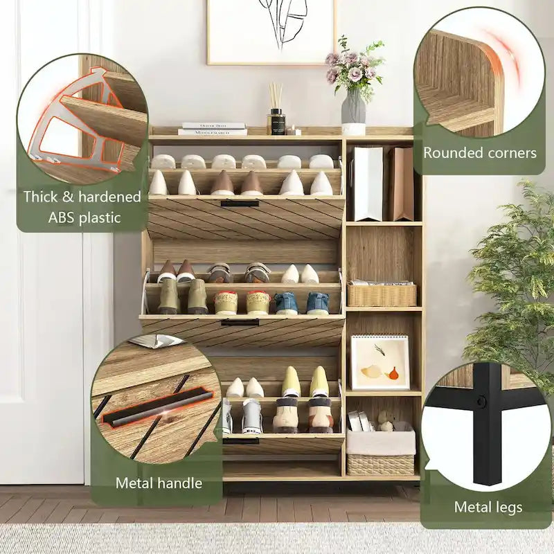 Modern Slim Shoe Cabinet with 3 Flip Drawers and Open Shelves
