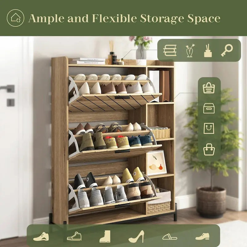 Modern Slim Shoe Cabinet with 3 Flip Drawers and Open Shelves