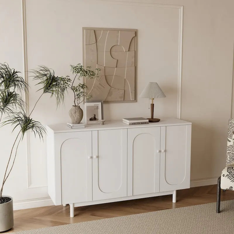 4 Door Intaglio Storage Cabinet with Pine Legs, White Minimalist
