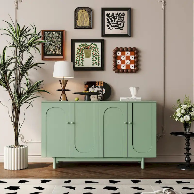 4 Door Intaglio Storage Cabinet with Pine Legs, White Minimalist