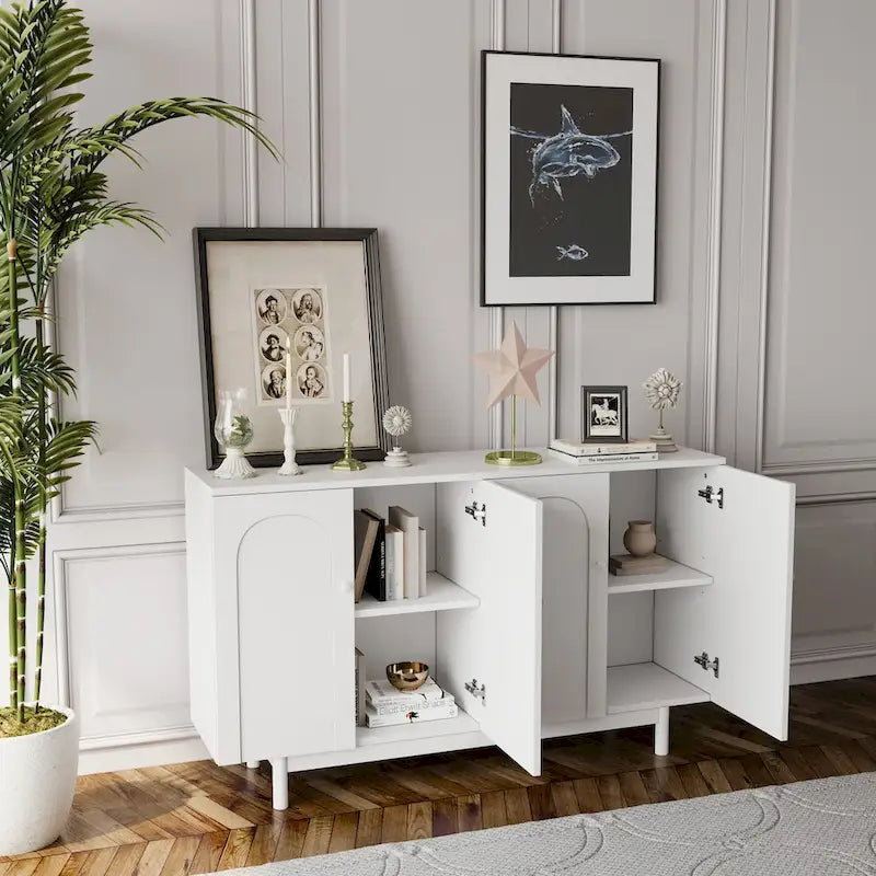 4 Door Intaglio Storage Cabinet with Pine Legs, White Minimalist