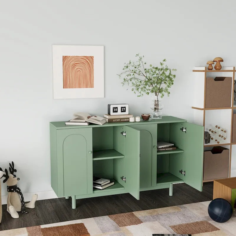 4 Door Intaglio Storage Cabinet with Pine Legs, White Minimalist