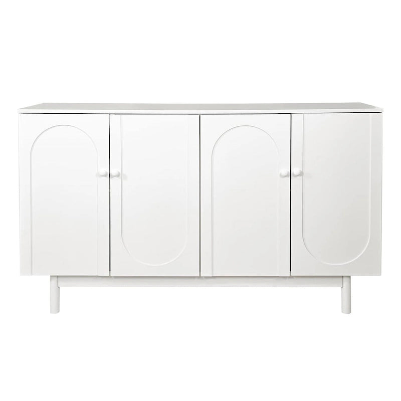 4 Door Intaglio Storage Cabinet with Pine Legs, White Minimalist