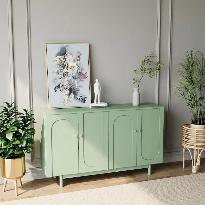 4 Door Intaglio Storage Cabinet with Pine Legs, White Minimalist