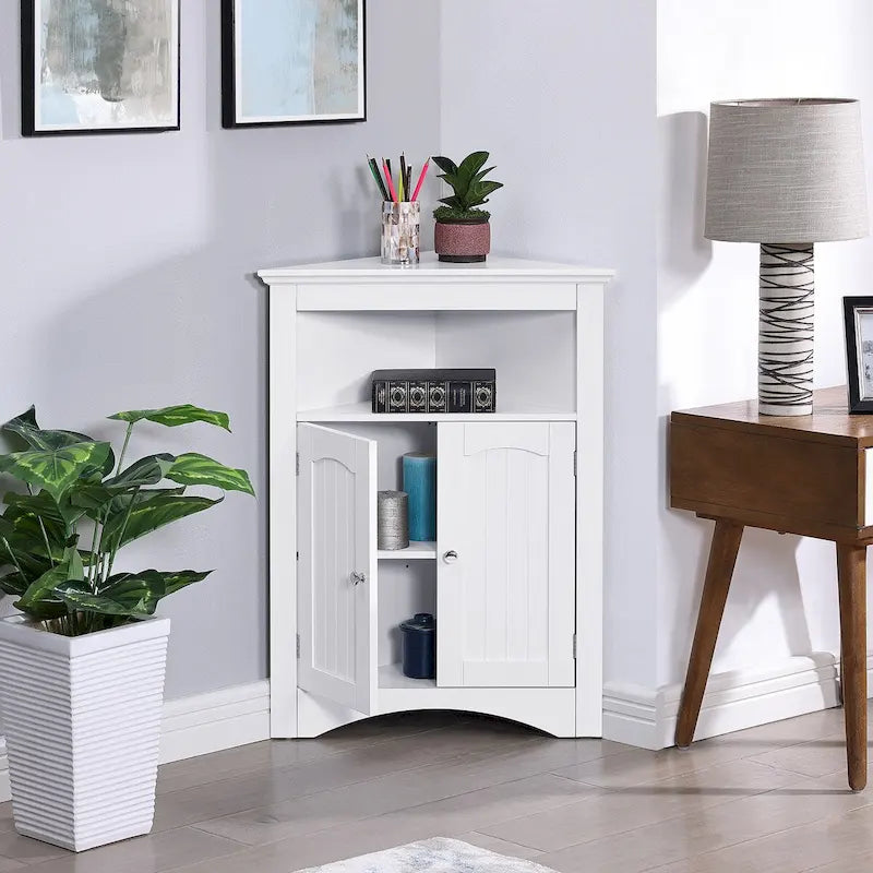 Freestanding Corner Storage Cabinet with Doors and Shelves
