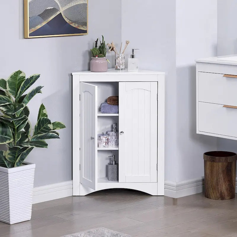 Freestanding Corner Storage Cabinet with Doors and Shelves