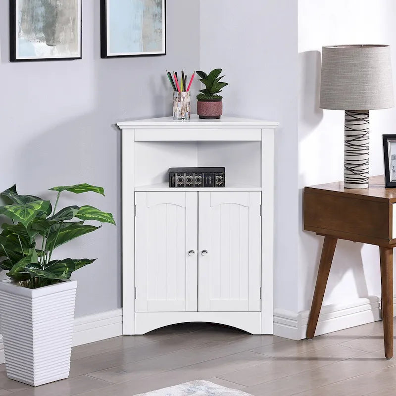Meuble de rangement d’angle autoportant avec portes et étagères