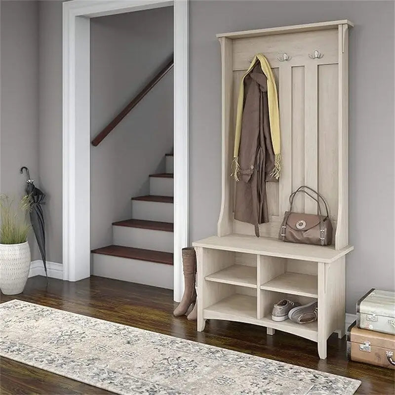 Mission Style Hall Tree with Shoe Bench and Coat Hooks, 15.75D x 31.73W x 68.11H