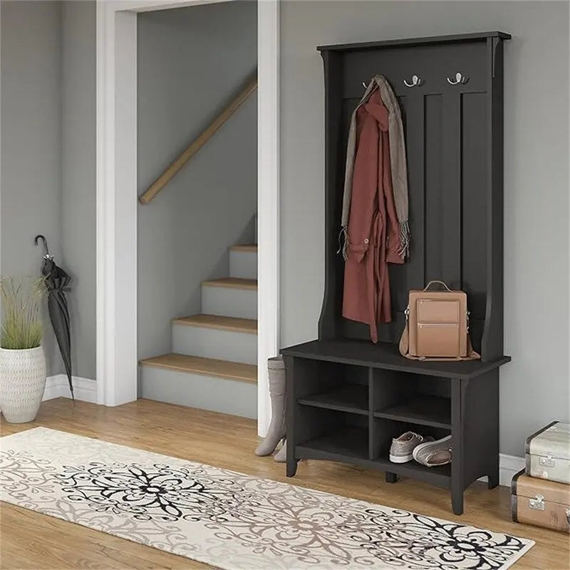 Mission Style Hall Tree with Shoe Bench and Coat Hooks, 15.75D x 31.73W x 68.11H
