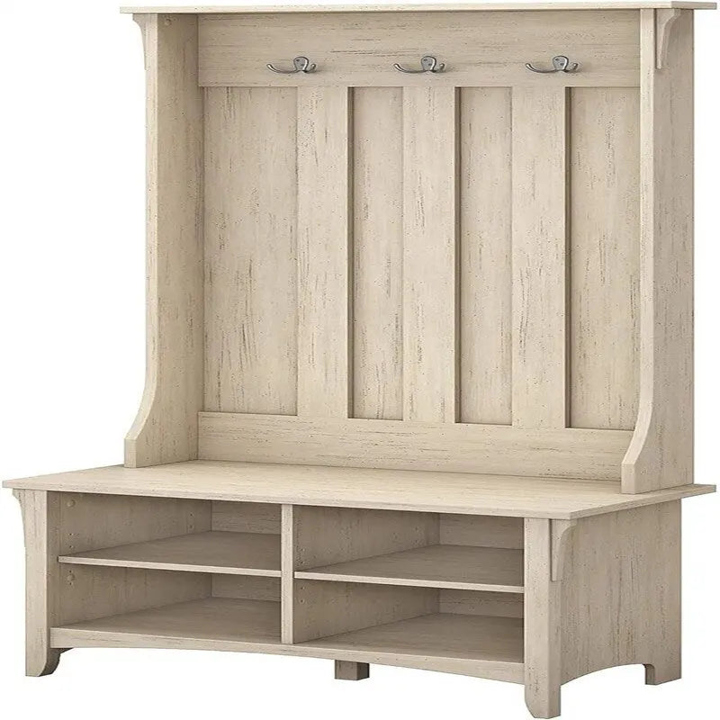 Mission Style Hall Tree with Shoe Bench and Coat Hooks, 15.75D x 31.73W x 68.11H