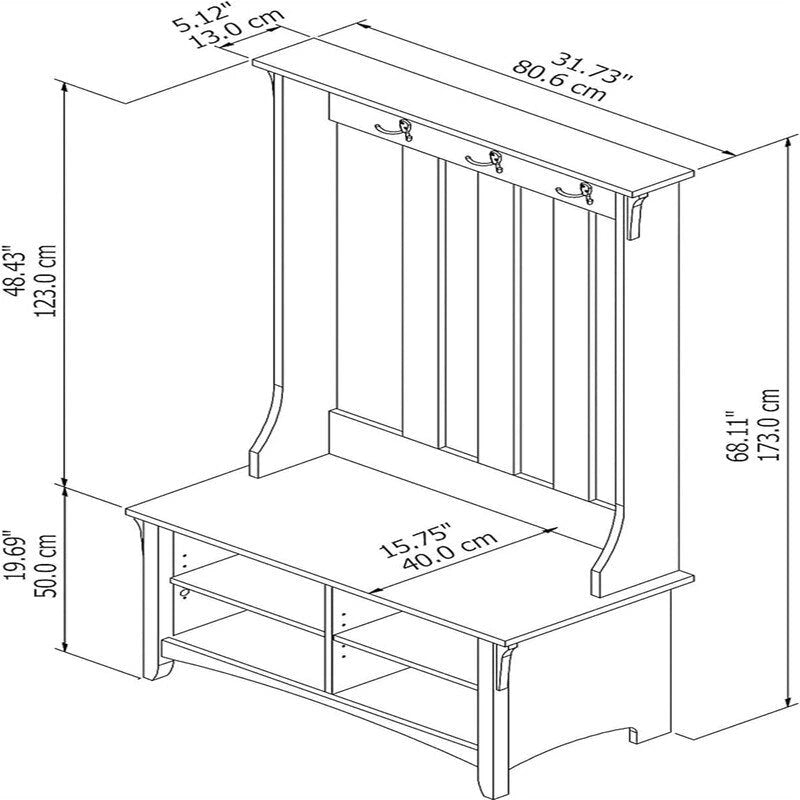 Garderobenbank im Mission-Stil mit Schuhbank und Kleiderhaken, 15.75T x 31.73B x 68.11H