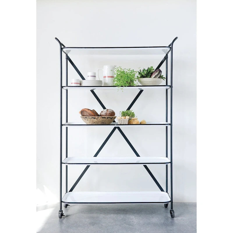 5-Tier Tray-Style Enameled Metal Shelving Unit on Casters